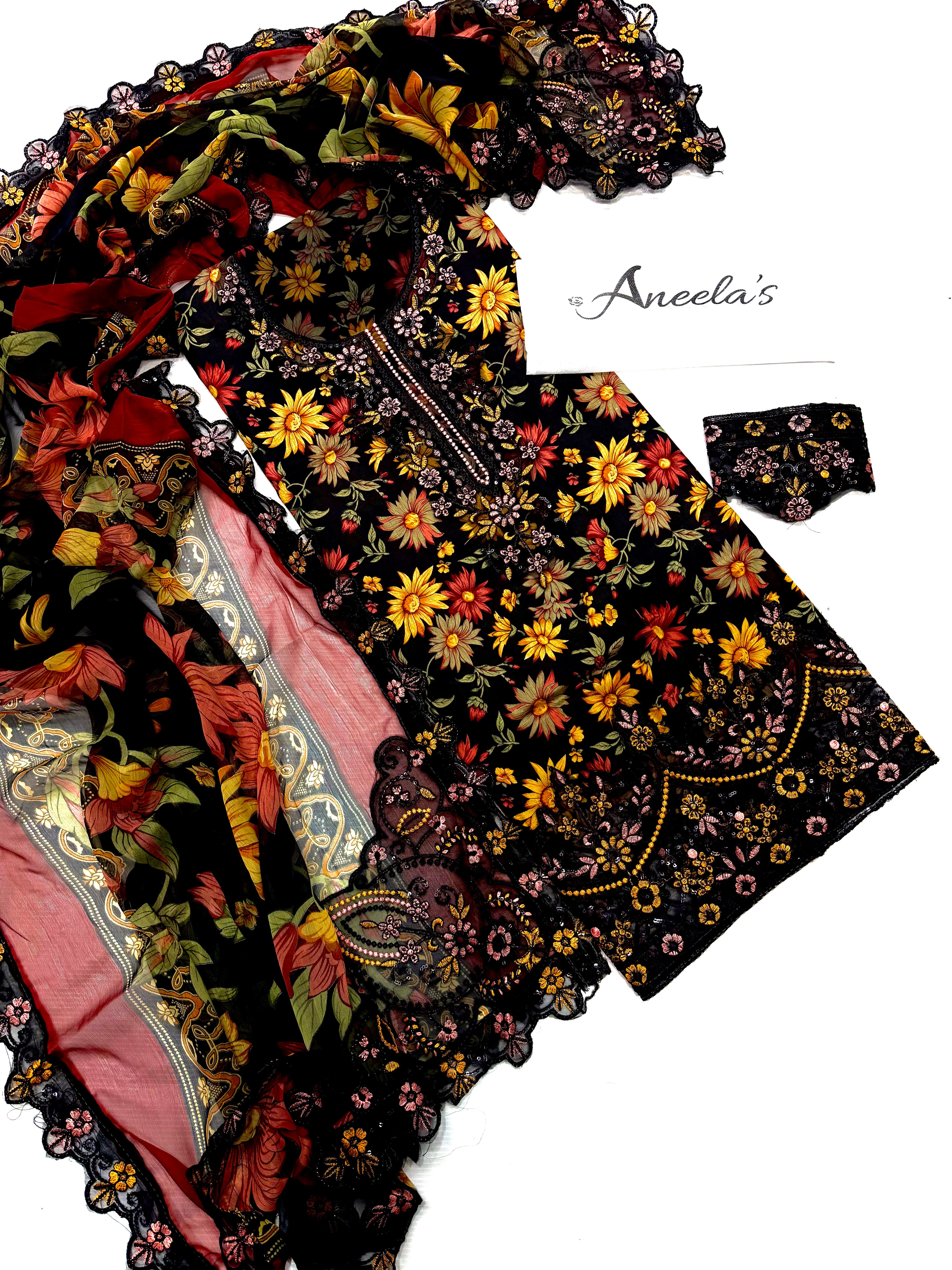 Aneelas Printed Embroidered Lawn 3PC Unstitched Memon Clothes